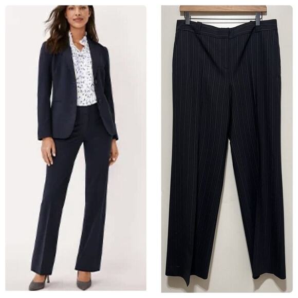 Ann Taylor Women's Margo Pants Trousers Pinstripe Wide Leg Wool Black Size 4P - Picture 1 of 5